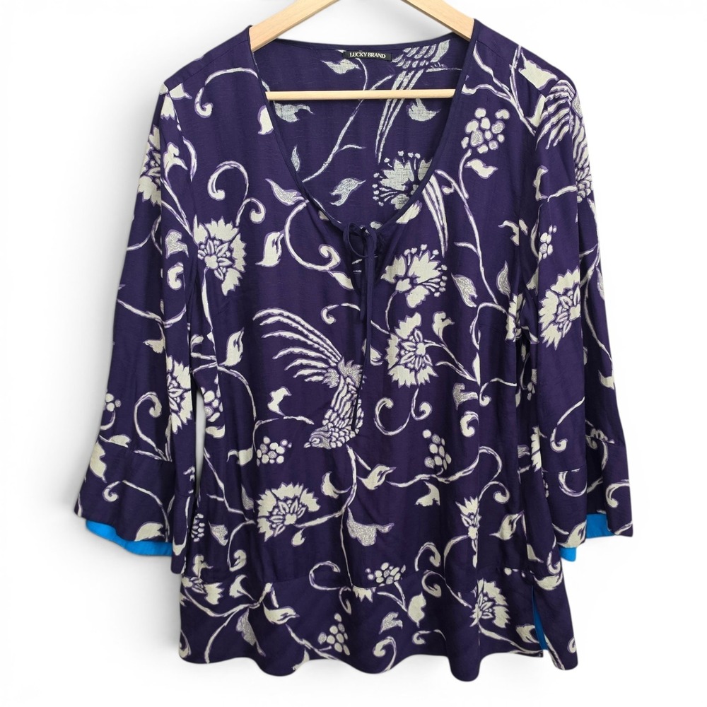 Lucky Brand Top Womens Large Purple Boho Floral‎ Print Bell Sleeve Tunic Casual